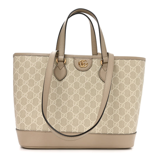 GG Supreme Monogram Textured Dollar Calfskin Small Ophidia Shoulder Tote Bag Beige Mystic White Oatmeal
