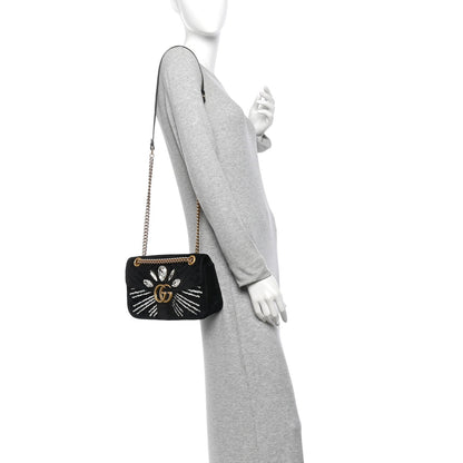 Velvet Matelasse Marquise Crystals Embroidered Small GG Marmont Shoulder Bag Black