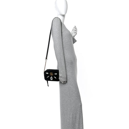 Velvet Matelasse Marquise Crystals Mini GG Marmont Chain Shoulder Bag Black