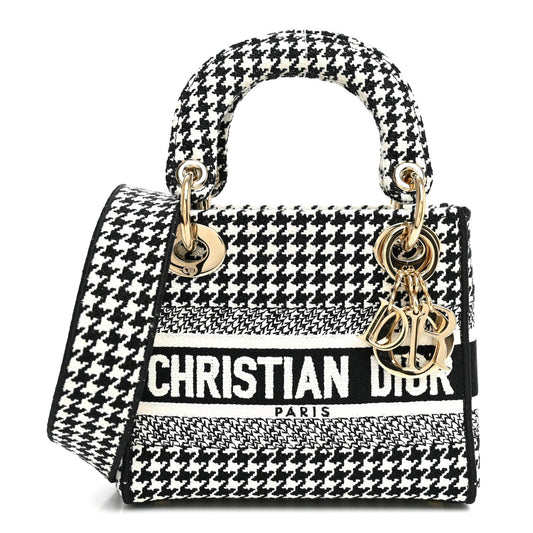 Canvas Houndstooth Embroidered Mini Lady D-Lite Black White