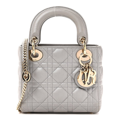 Metallic Lambskin Cannage Mini Lady Dior Grey