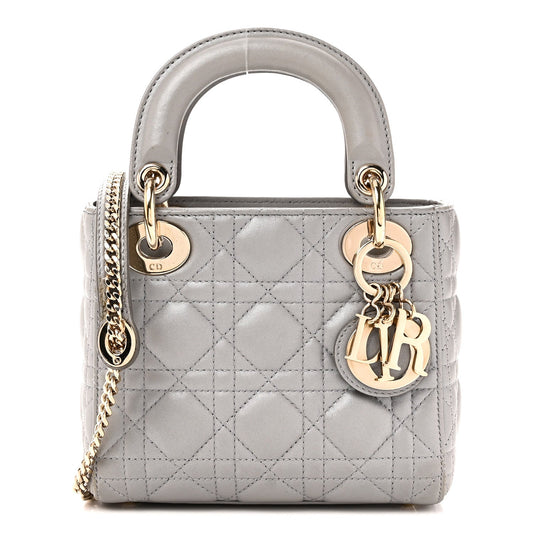 Metallic Lambskin Cannage Mini Lady Dior Grey