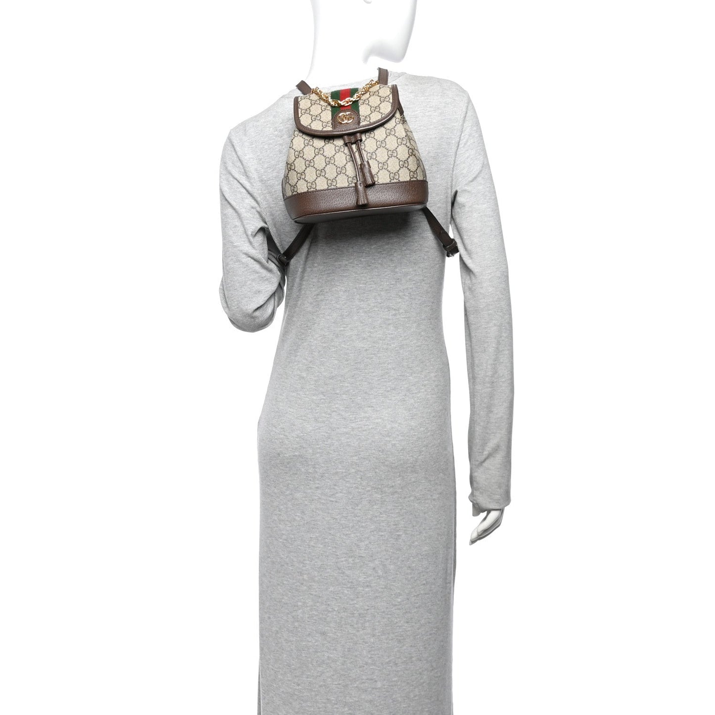 GG Supreme Monogram Textured Dollar Calfskin Web Mini Ophidia Chain Drawstring Backpack Beige Brown
