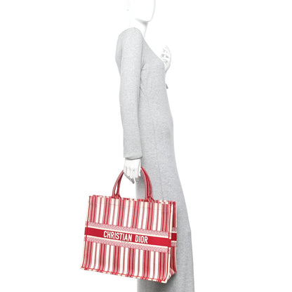 Canvas Embroidered Mykonos Large Striped Book Tote Red