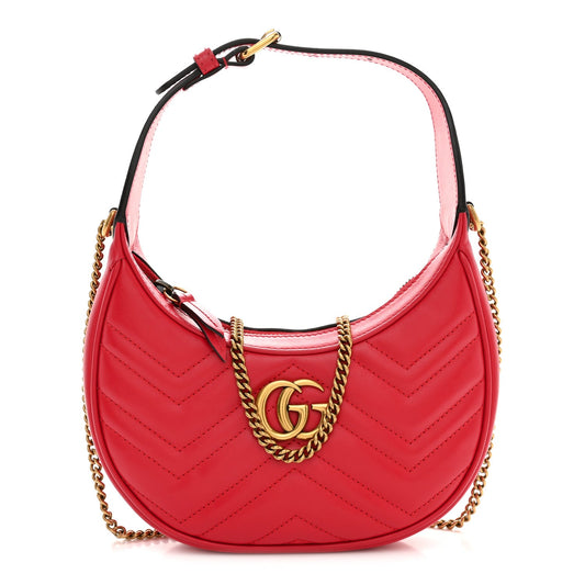 Calfskin Matelasse Chevron Mini GG Marmont Half Moon Hobo Rosso