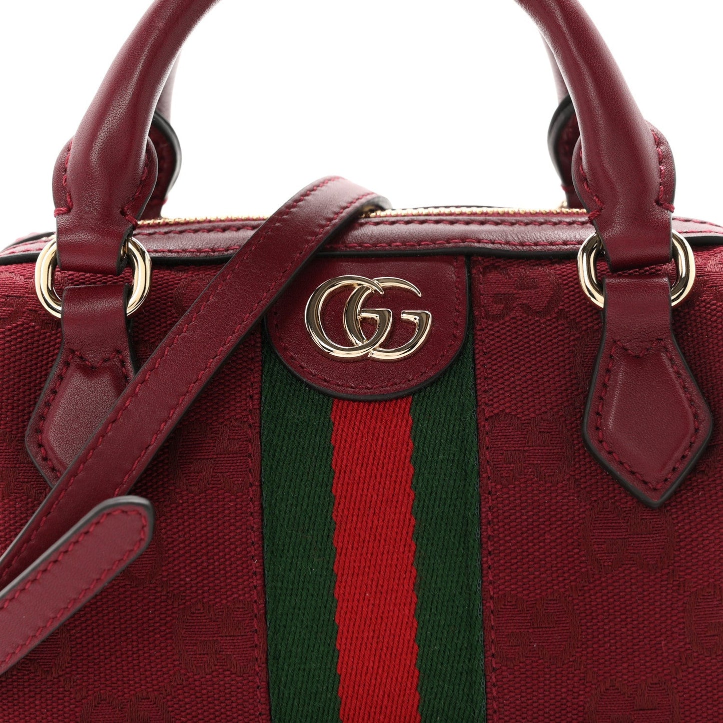 GG Supreme Monogram Textured Dollar Calfskin Web Super Mini Ophidia Top Handle Bowler Bag Rosso Ancora
