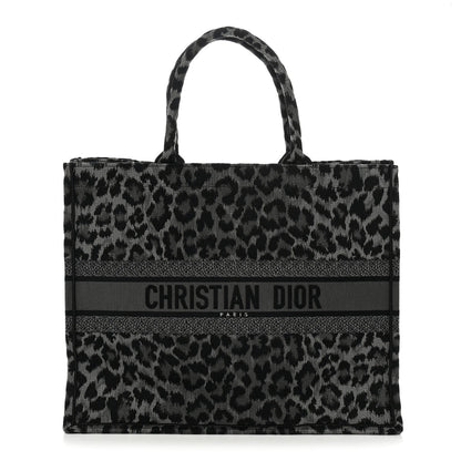 Canvas Mizza Embroidered Large Leopard Book Tote Grey