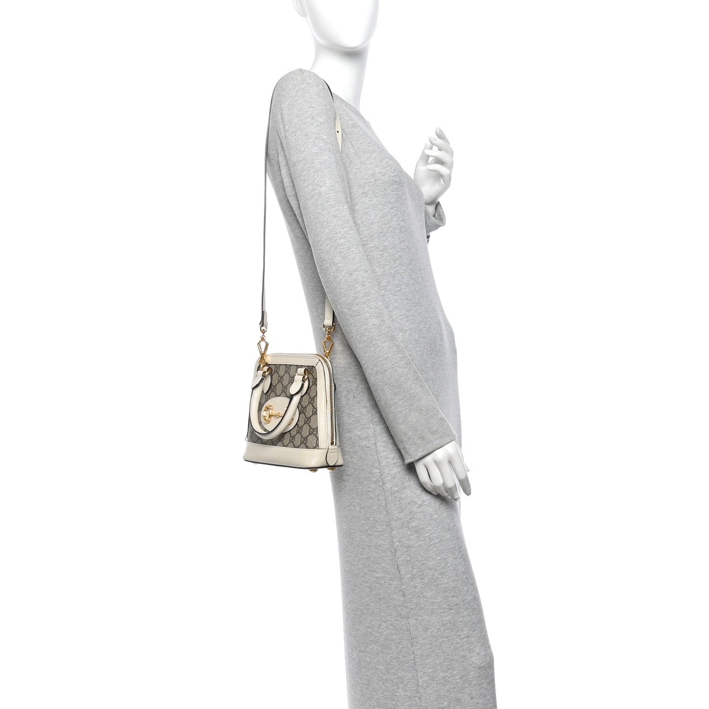 GG Supreme Monogram Azalea Calfskin Mini Horsebit 1955 Top Handle Bag Beige Ebony Mystic White