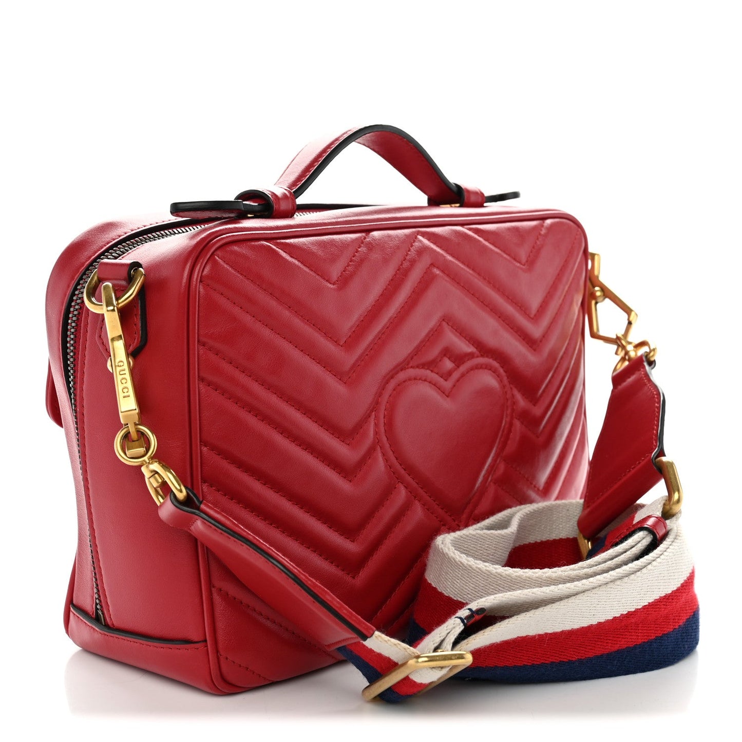 Calfskin Matelasse Sylvie Web Small GG Marmont Top Handle Shoulder Bag Hibiscus Red
