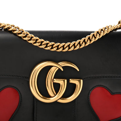 Knight Calfskin Malaga Kid Heart Medium GG Marmont Chain Handle Bag Black Hibiscus Red Multicolor