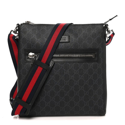 GG Supreme Monogram Appia Calfskin Web Flat Messenger Bag Black Grey