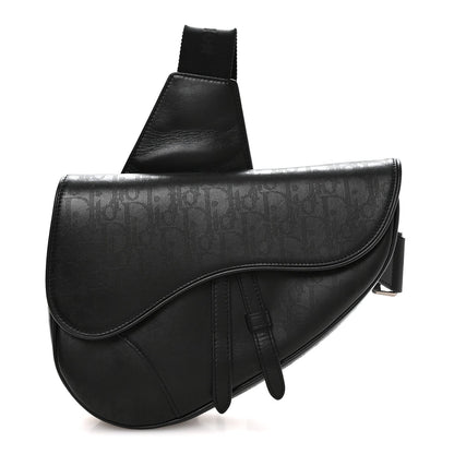 Calfskin Perforated Oblique Galaxy Mens Saddle Bag Black