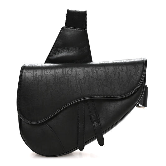 Calfskin Perforated Oblique Galaxy Mens Saddle Bag Black
