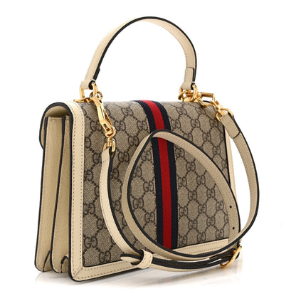 GG Supreme Monogram Textured Dollar Calfskin Web Small Ophidia Padlock Top Handle Bag Beige Ebony Mystic White