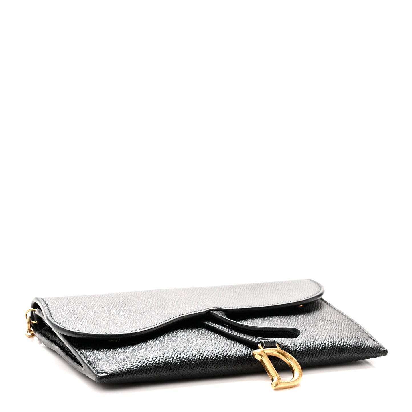Grained Calfskin Saddle Chain Wallet Pouch Black