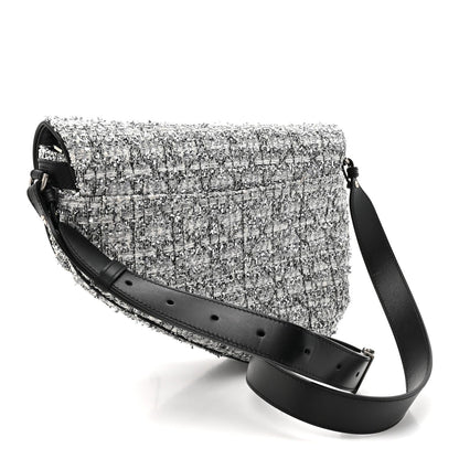 Tweed Saddle Crossbody Bag Black Silver
