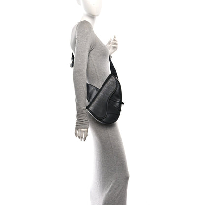 Calfskin Perforated Oblique Galaxy Mens Saddle Bag Black