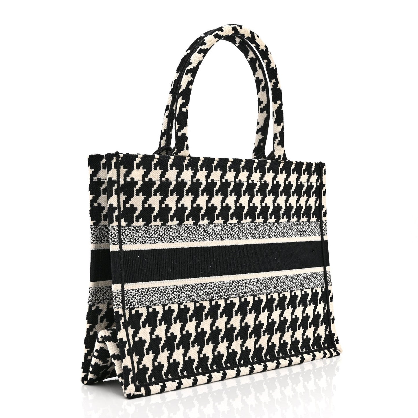 Canvas Houndstooth Embroidered Medium Book Tote Black White