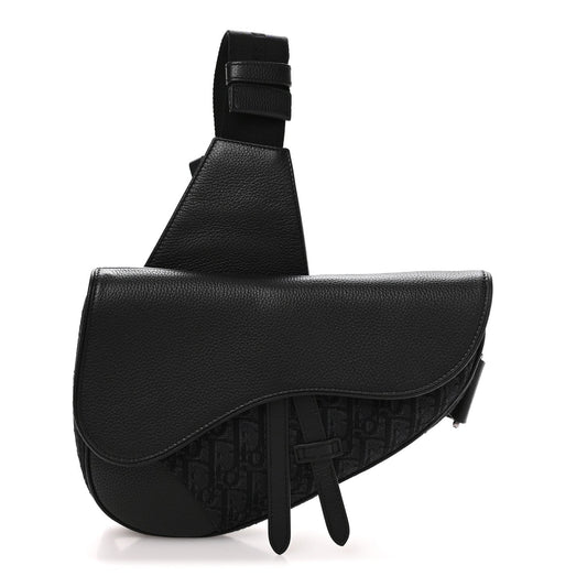 Grained Calfskin Oblique Mens Saddle Bag Black Blue