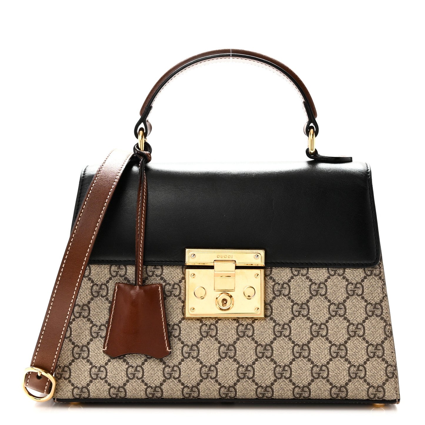 GG Supreme Monogram Calfskin Small Padlock Top Handle Bag Beige Black Cuir