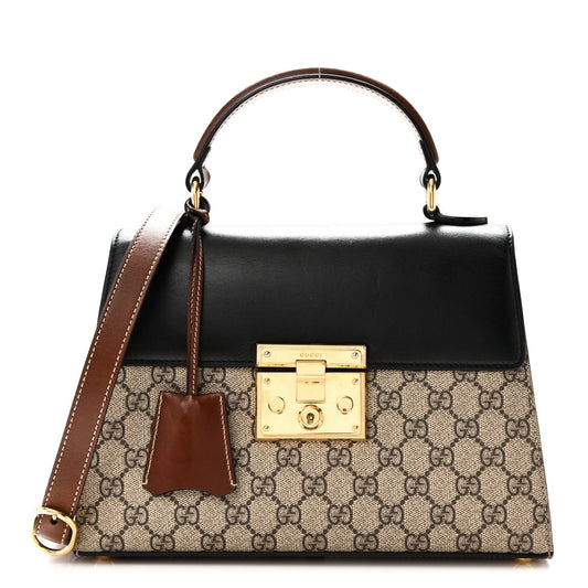 GG Supreme Monogram Calfskin Small Padlock Top Handle Bag Beige Black Cuir