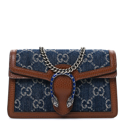 New Denim GG Monogram Dollar Calfskin Enamel Super Mini Dionysus Shoulder Bag Blue Tea Cuir Epilog Electric Blue