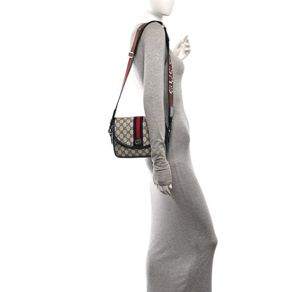 GG Supreme Monogram Textured Dollar Calfskin Web Studded Mini Ophidia Flap Shoulder Bag Beige Blue