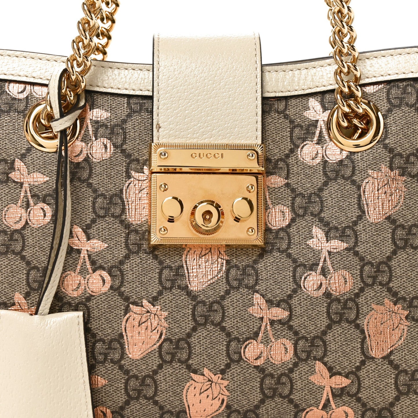 GG Supreme Monogram Berry Textured Dollar Calfskin Small Padlock Tote Beige Ebony Light Copper Mystic White