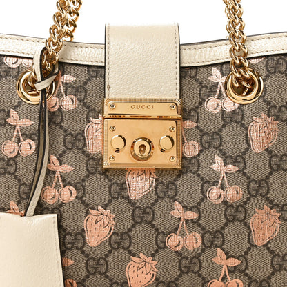GG Supreme Monogram Berry Textured Dollar Calfskin Small Padlock Tote Beige Ebony Light Copper Mystic White