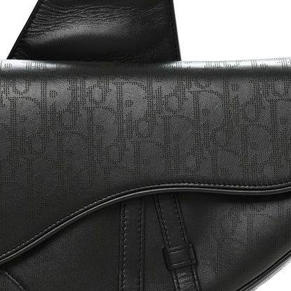 Calfskin Perforated Oblique Galaxy Mens Saddle Bag Black