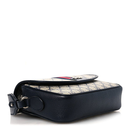 GG Supreme Monogram Textured Dollar Calfskin Web Studded Mini Ophidia Flap Shoulder Bag Beige Blue