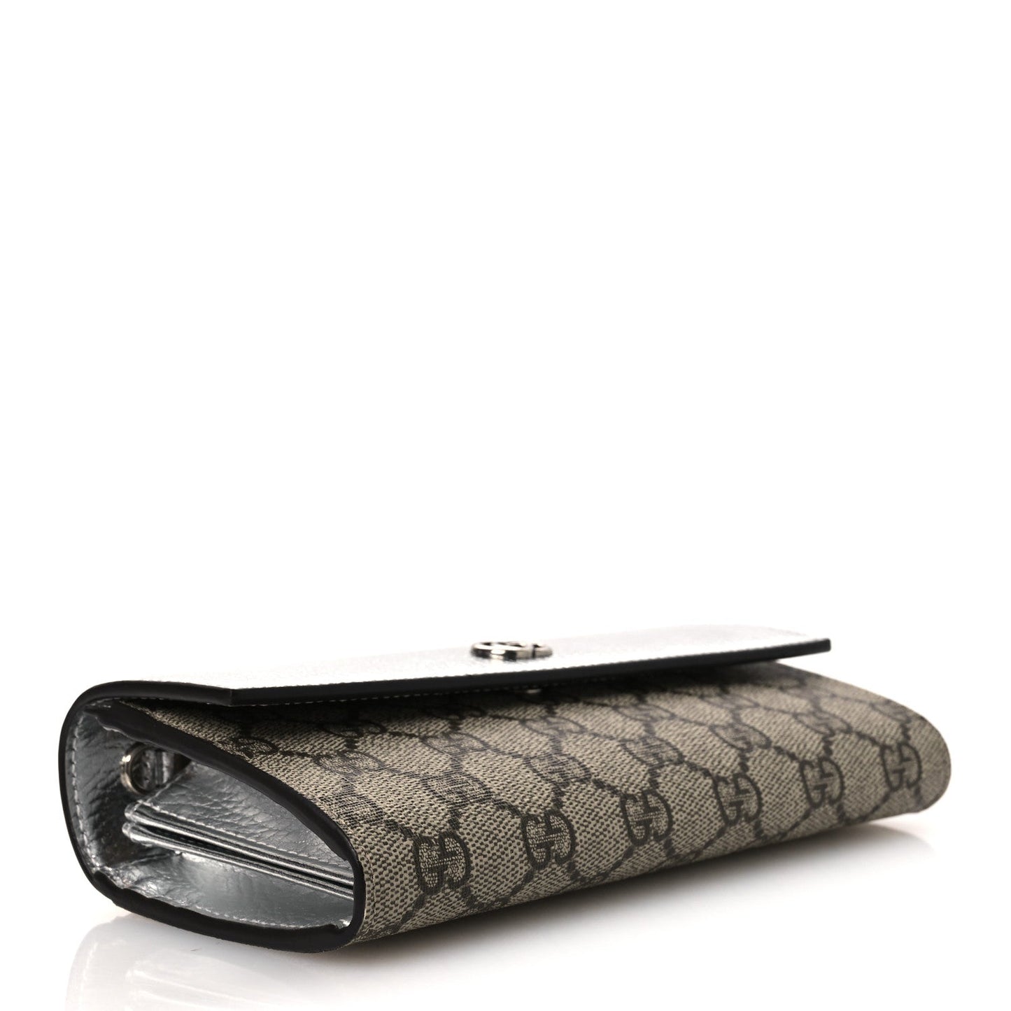 Metallic Calfskin GG Supreme Monogram Petite GG Marmont Wallet Chain Bag Silver Beige Ebony