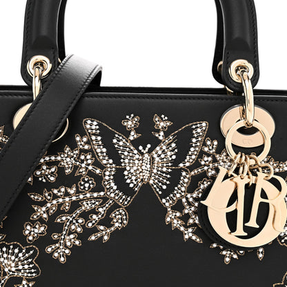 Calfskin Beaded Embroidered Ramage Butterfly Medium Lady Dior Black White Black White
