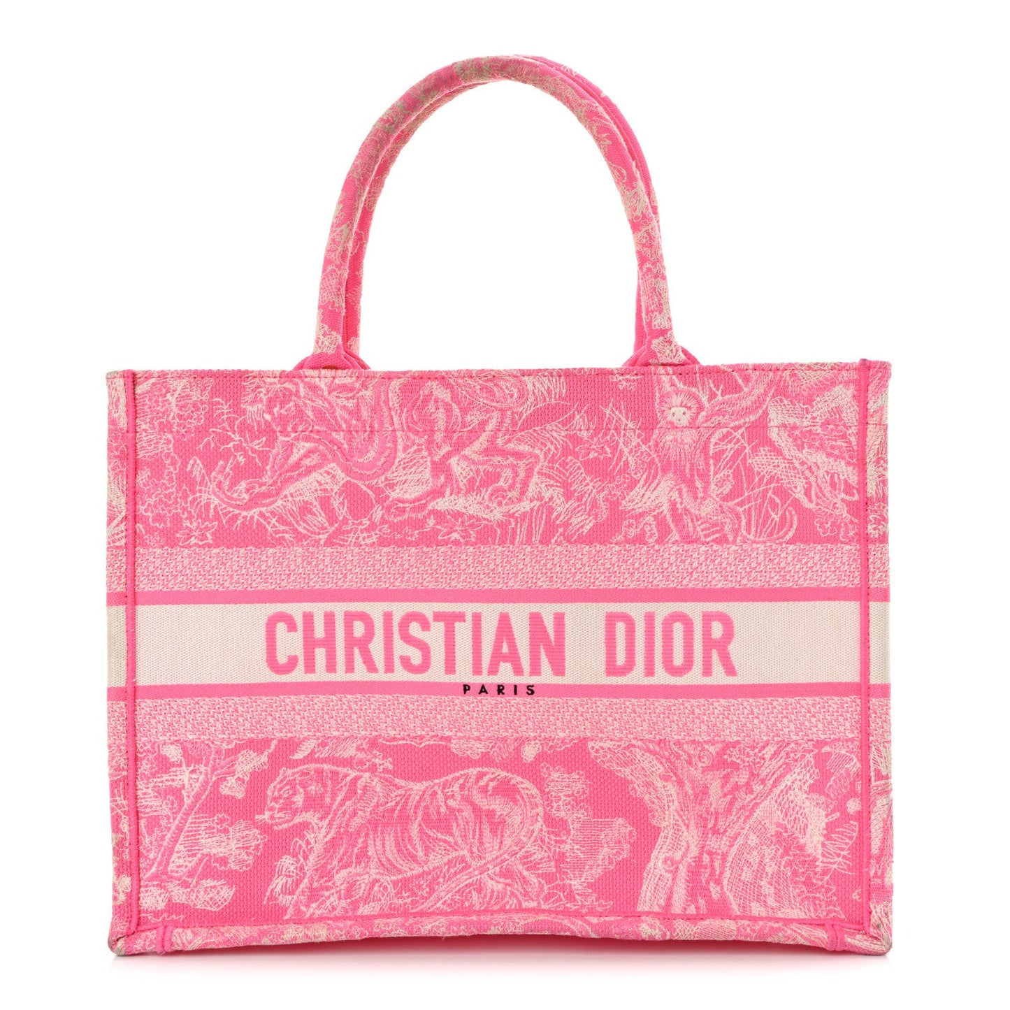 Canvas Embroidered Medium Dioriviera Toile De Jouy Book Tote Fluorescent Pink