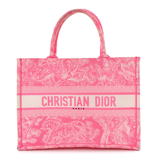 Canvas Embroidered Medium Dioriviera Toile De Jouy Book Tote Fluorescent Pink