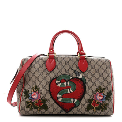 GG Supreme Monogram Kingsnake Heart Embroidered Medium Boston Hibiscus Red