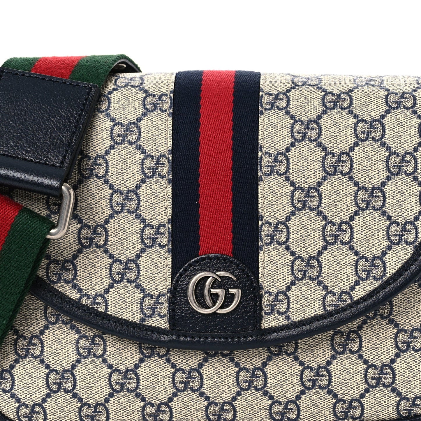 GG Supreme Monogram Textured Dollar Calfskin Web Studded Mini Ophidia Flap Shoulder Bag Beige Blue