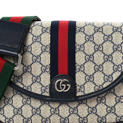 GG Supreme Monogram Textured Dollar Calfskin Web Studded Mini Ophidia Flap Shoulder Bag Beige Blue