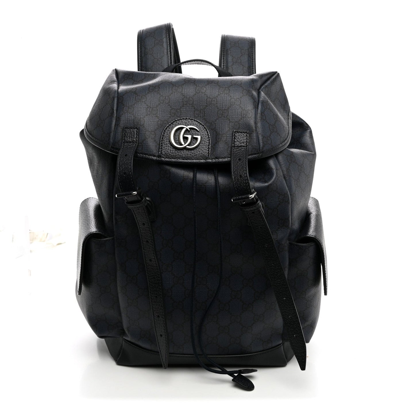 GG Supreme Monogram Textured Dollar Calfskin Medium Ophidia Double Buckle Backpack Blue Dark Blue Black