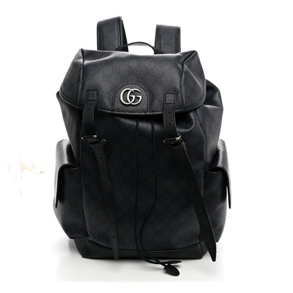 GG Supreme Monogram Textured Dollar Calfskin Medium Ophidia Double Buckle Backpack Blue Dark Blue Black
