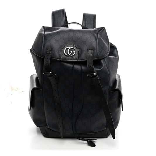 GG Supreme Monogram Textured Dollar Calfskin Medium Ophidia Double Buckle Backpack Blue Dark Blue Black