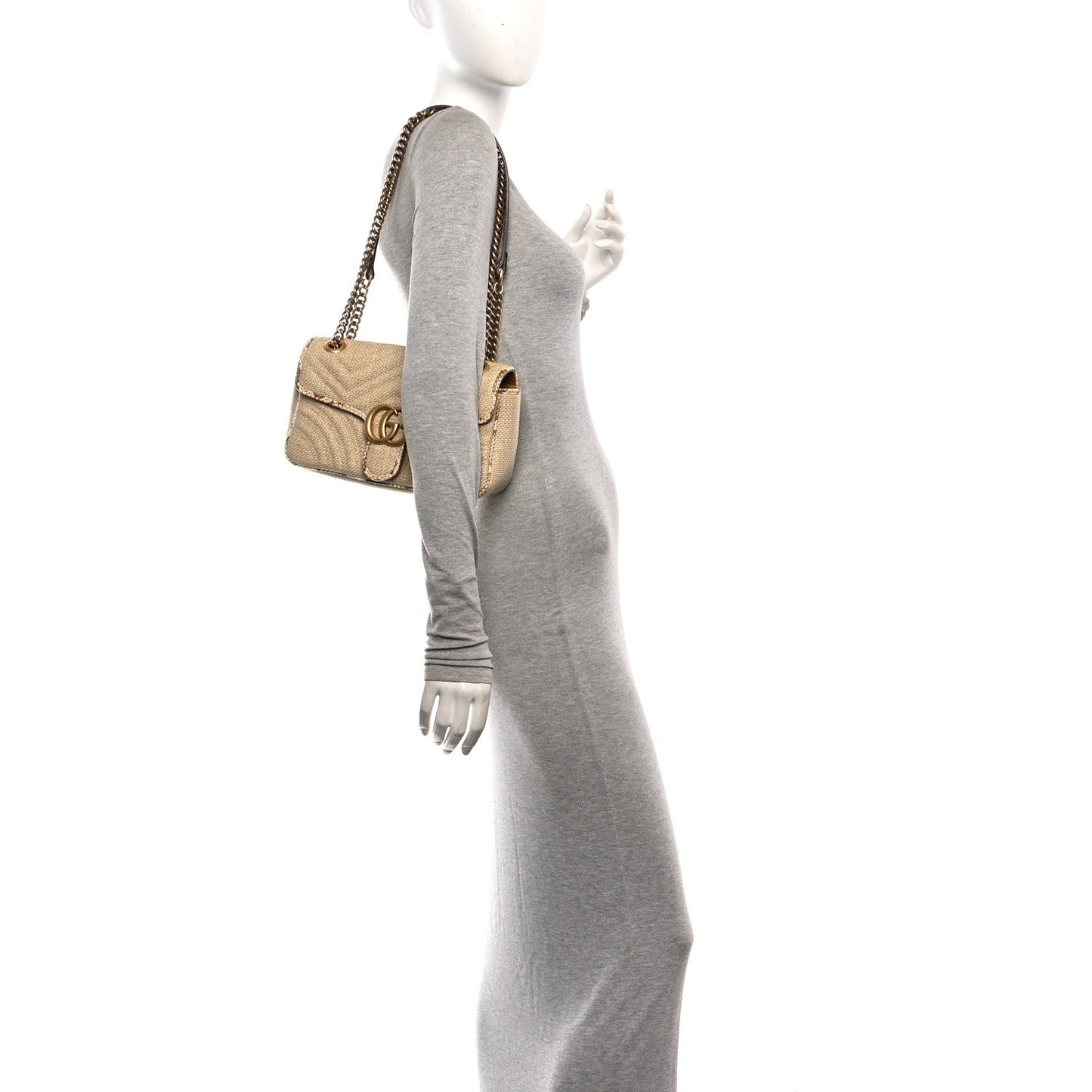 Raffia Elaphe Matelasse Small GG Marmont Shoulder Bag Natural Cream Brown