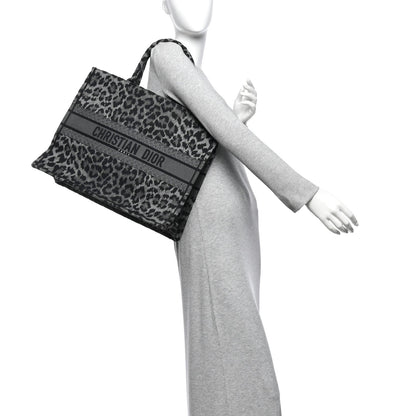 Canvas Mizza Embroidered Large Leopard Book Tote Grey