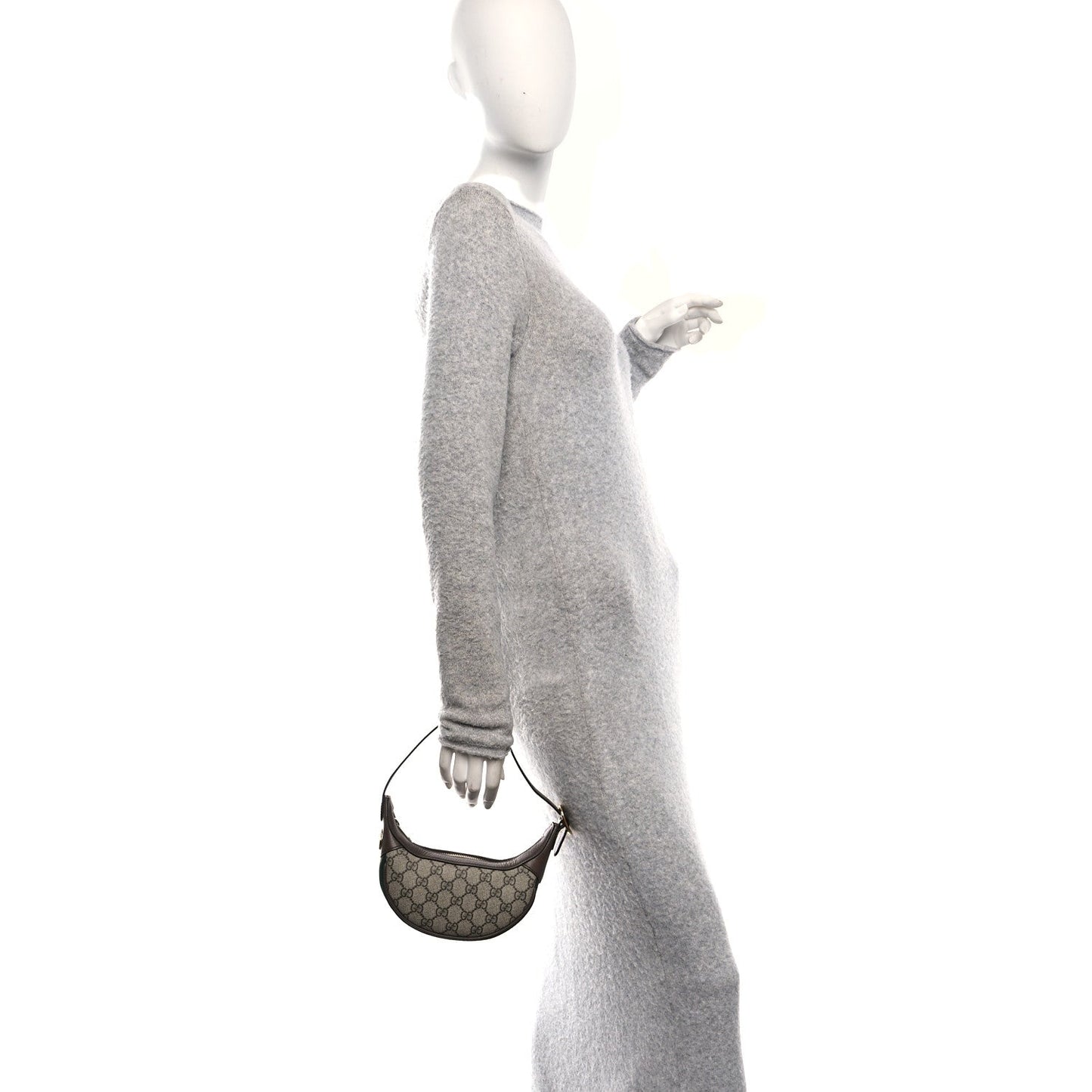 GG Supreme Monogram Textured Calfskin Web Mini Ophidia Half Moon Hobo Beige Ebony New Acero