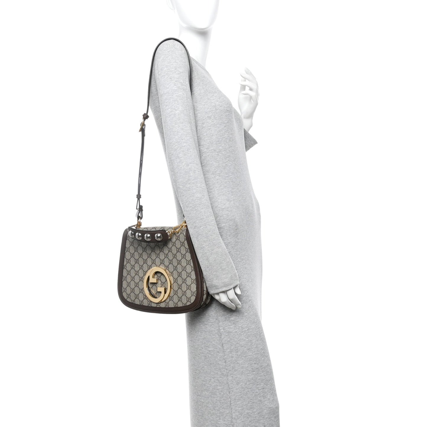 GG Supreme Monogram Textured Dollar Calfskin Web Medium Blondie Top Handle Shoulder Flap Bag Beige Ebony New Acero