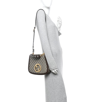 GG Supreme Monogram Textured Dollar Calfskin Web Medium Blondie Top Handle Shoulder Flap Bag Beige Ebony New Acero