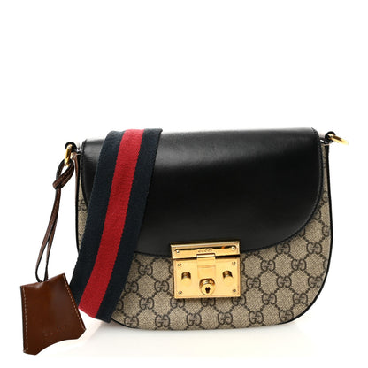 GG Supreme Monogram Web Medium Padlock Messenger Shoulder Bag Black
