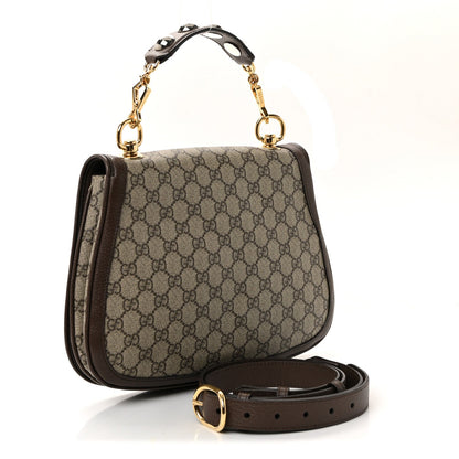 GG Supreme Monogram Textured Dollar Calfskin Web Medium Blondie Top Handle Shoulder Flap Bag Beige Ebony New Acero