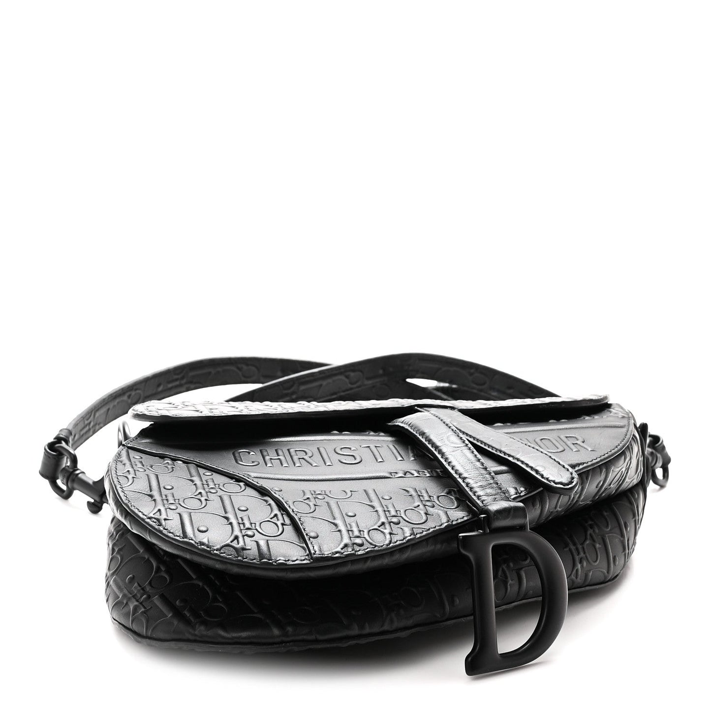 Calfskin Embossed Oblique Saddle Bag With Strap Black