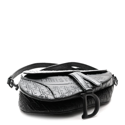 Calfskin Embossed Oblique Saddle Bag With Strap Black